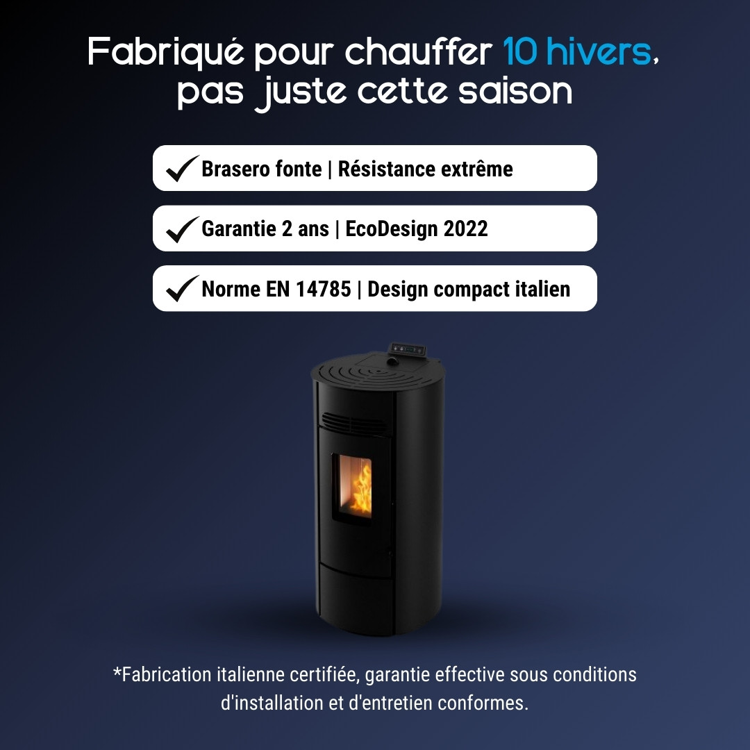 Poêle à granulés Linea VZ Flute 8 kW noir design compact avec brasero fonte et flammes visibles