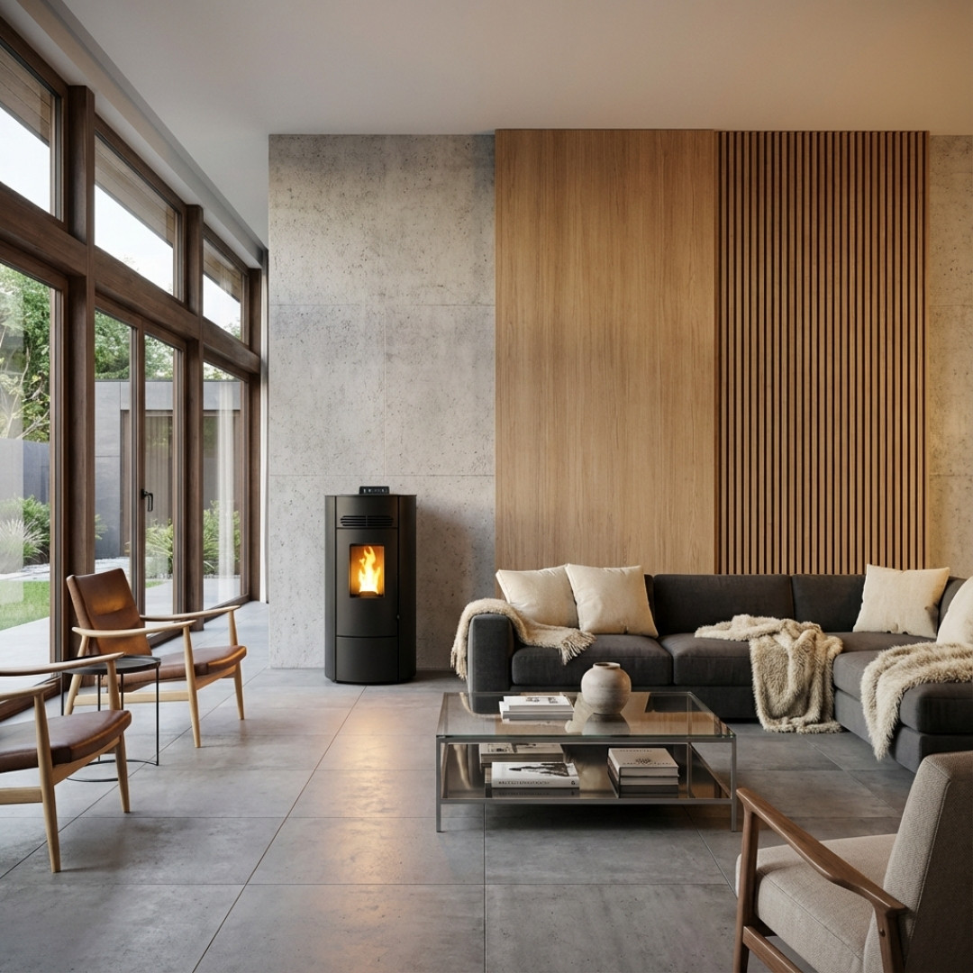 Poêle à granulés noir design installé dans un salon moderne avec habillage bois et mur béton