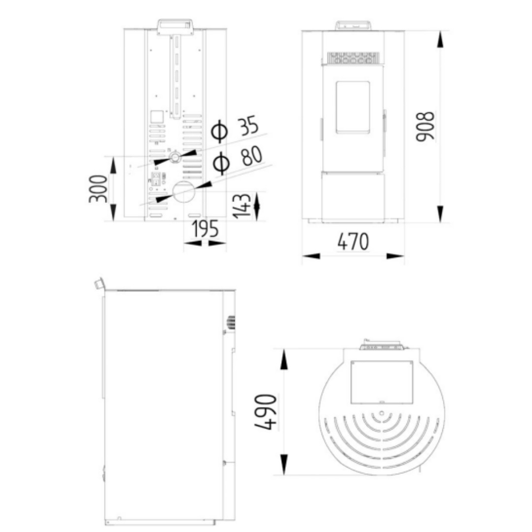 Plan technique et dimensions du poêle à granulés Linea VZ Flute 8 kW avec raccordements