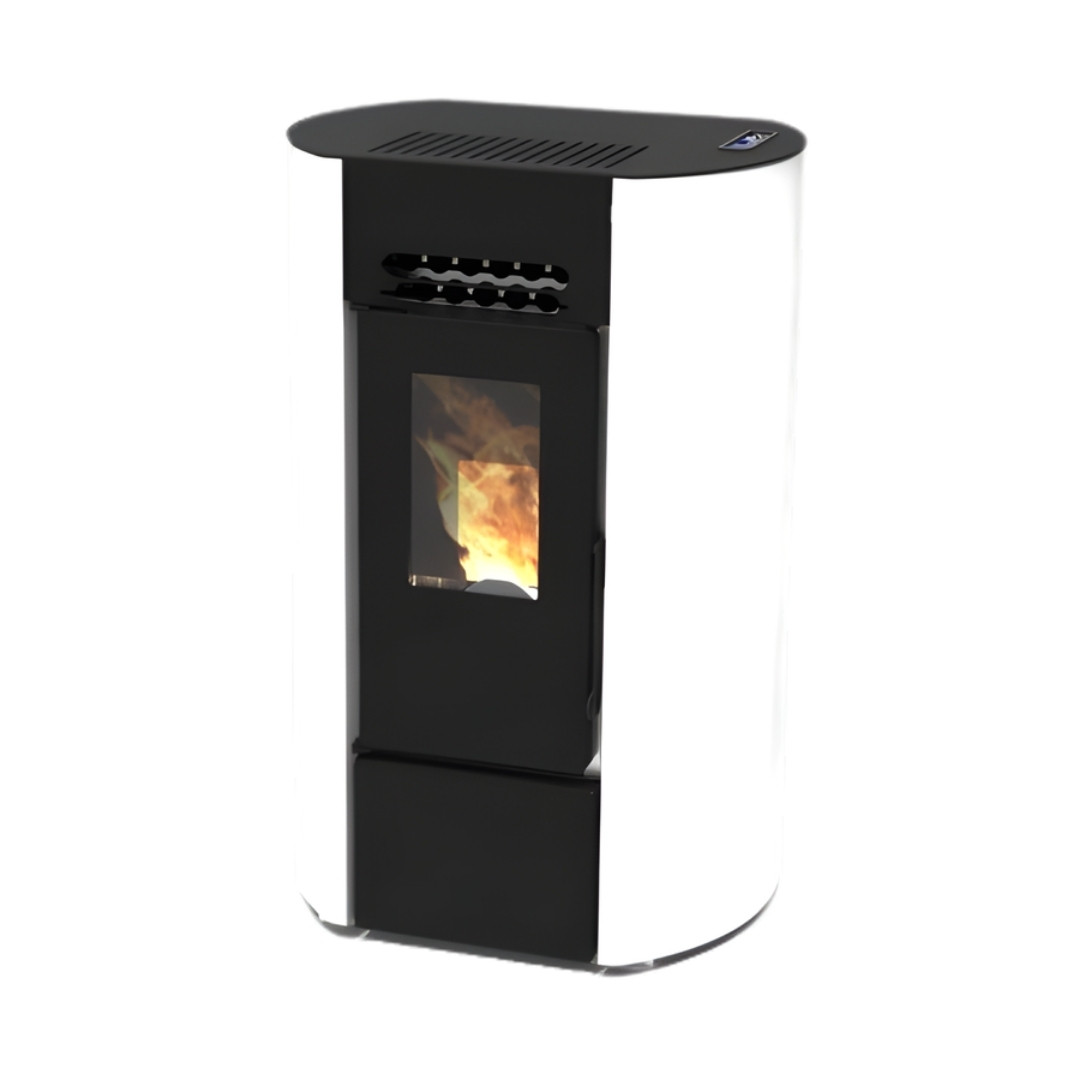 Poêle à granulés compact Linea VZ Ring blanc et noir 9 kW avec vitre et flammes allumées