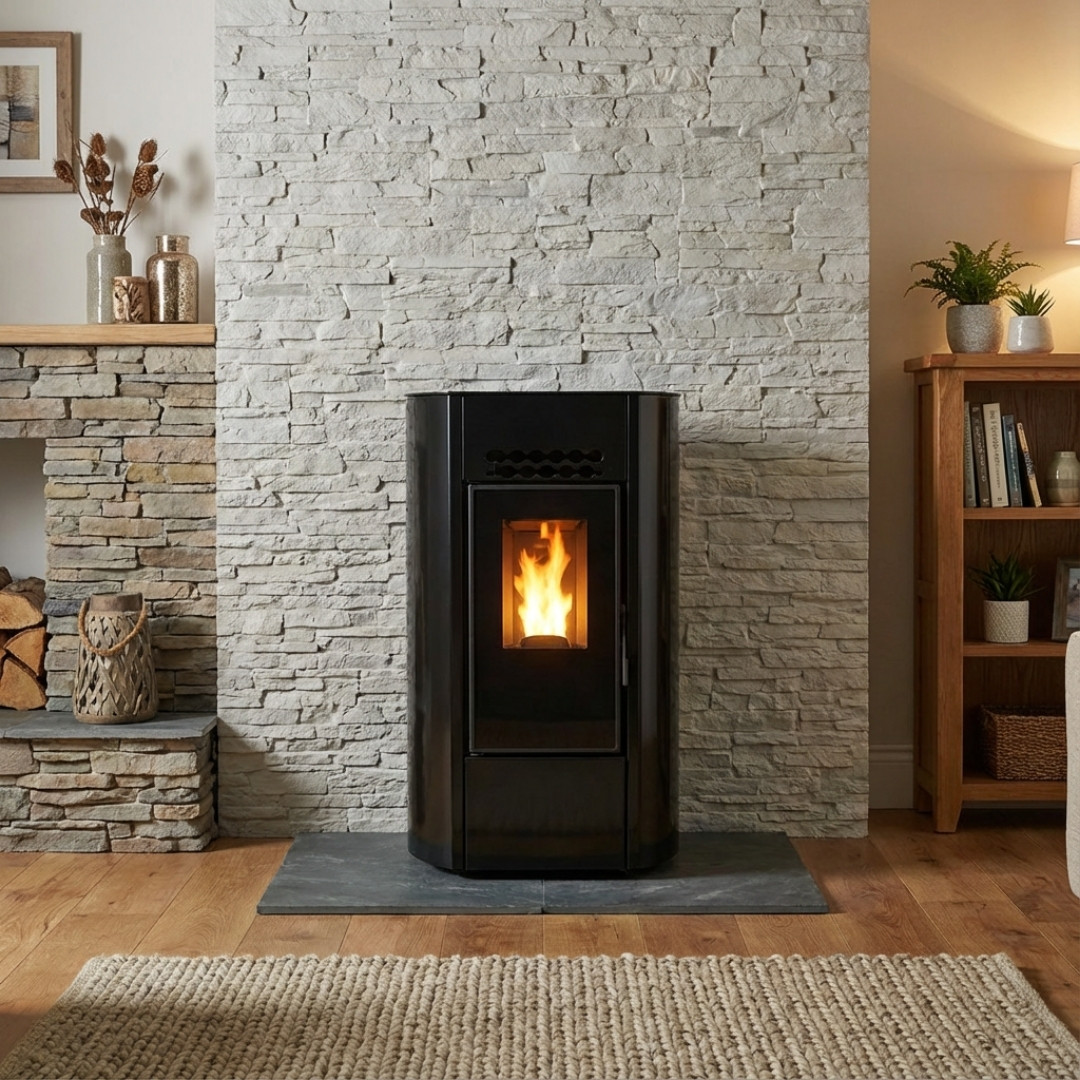 Poêle à granulés compact noir Linea VZ Ring 9 kW allumé dans un salon avec mur en pierre