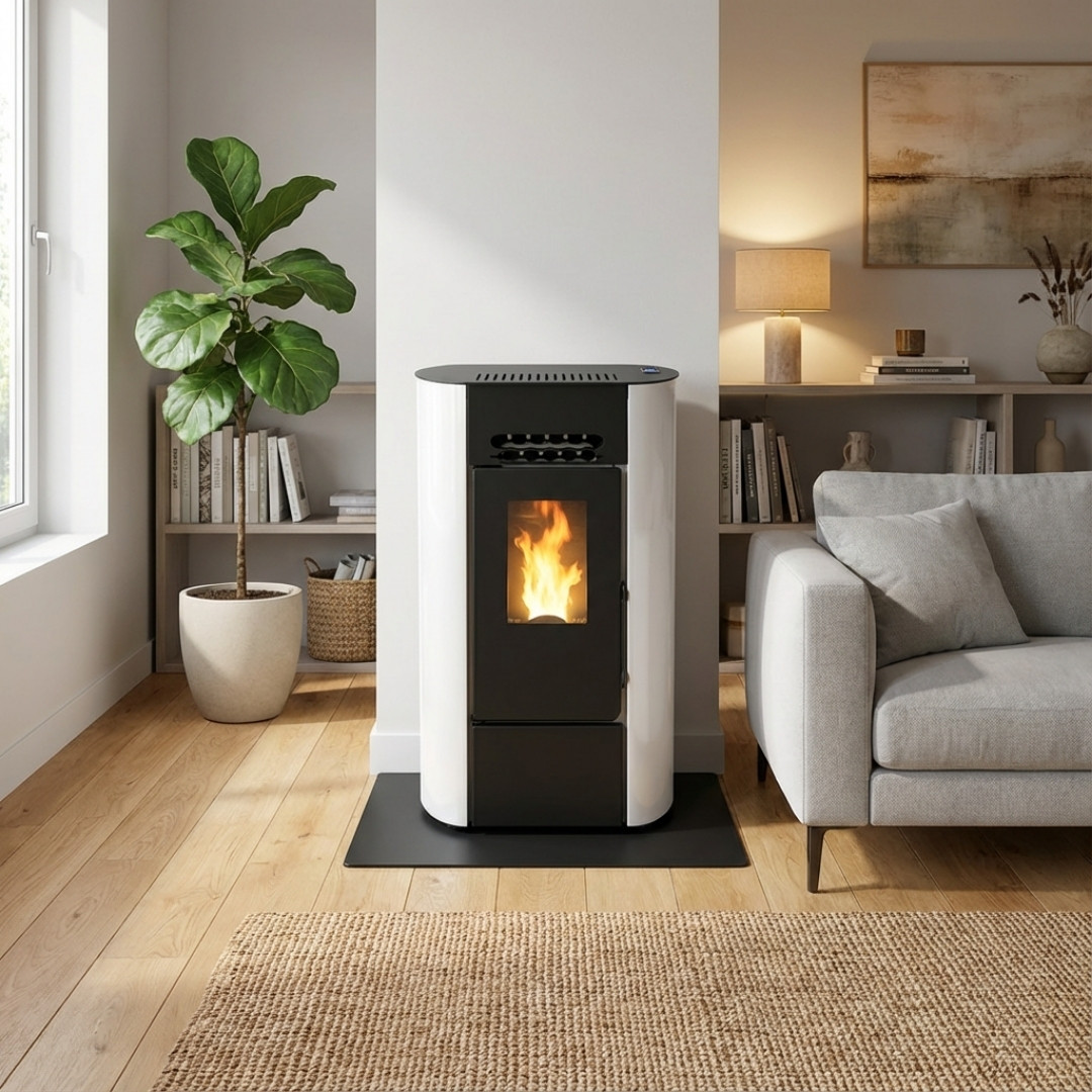 Poêle à granulés compact Linea VZ Ring 9 kW blanc et noir en situation dans un salon moderne