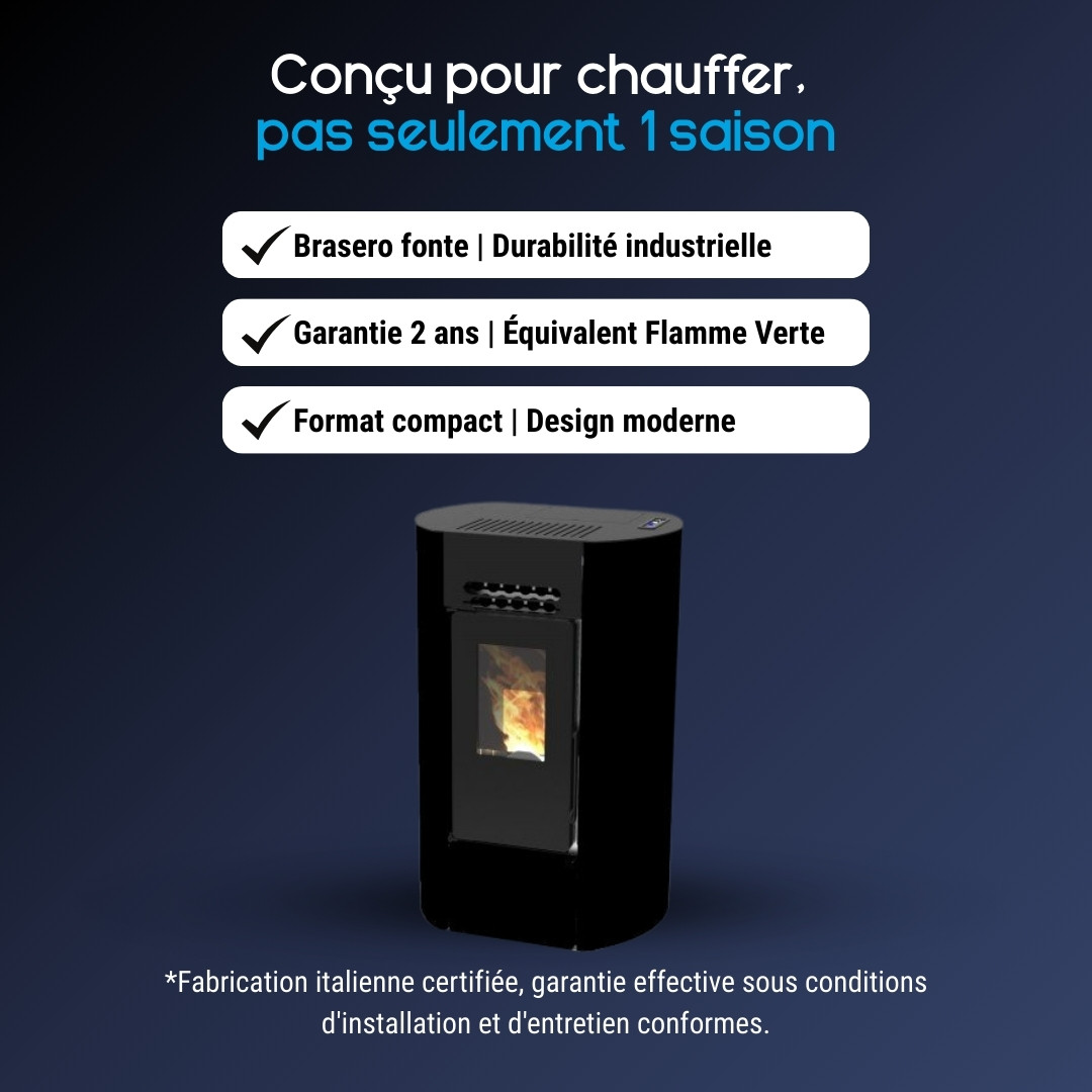 Poêle à granulés Linea VZ Ring noir 9 kW, format compact avec brasero fonte et design moderne