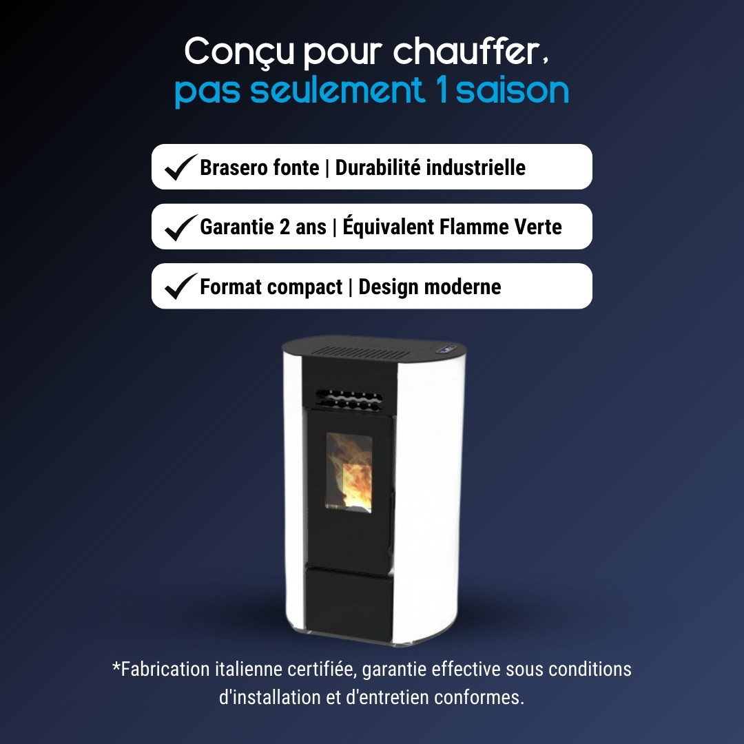 Poêle à granulés compact Linea VZ Ring blanc et noir, design moderne avec brasero fonte, puissance 9 kW