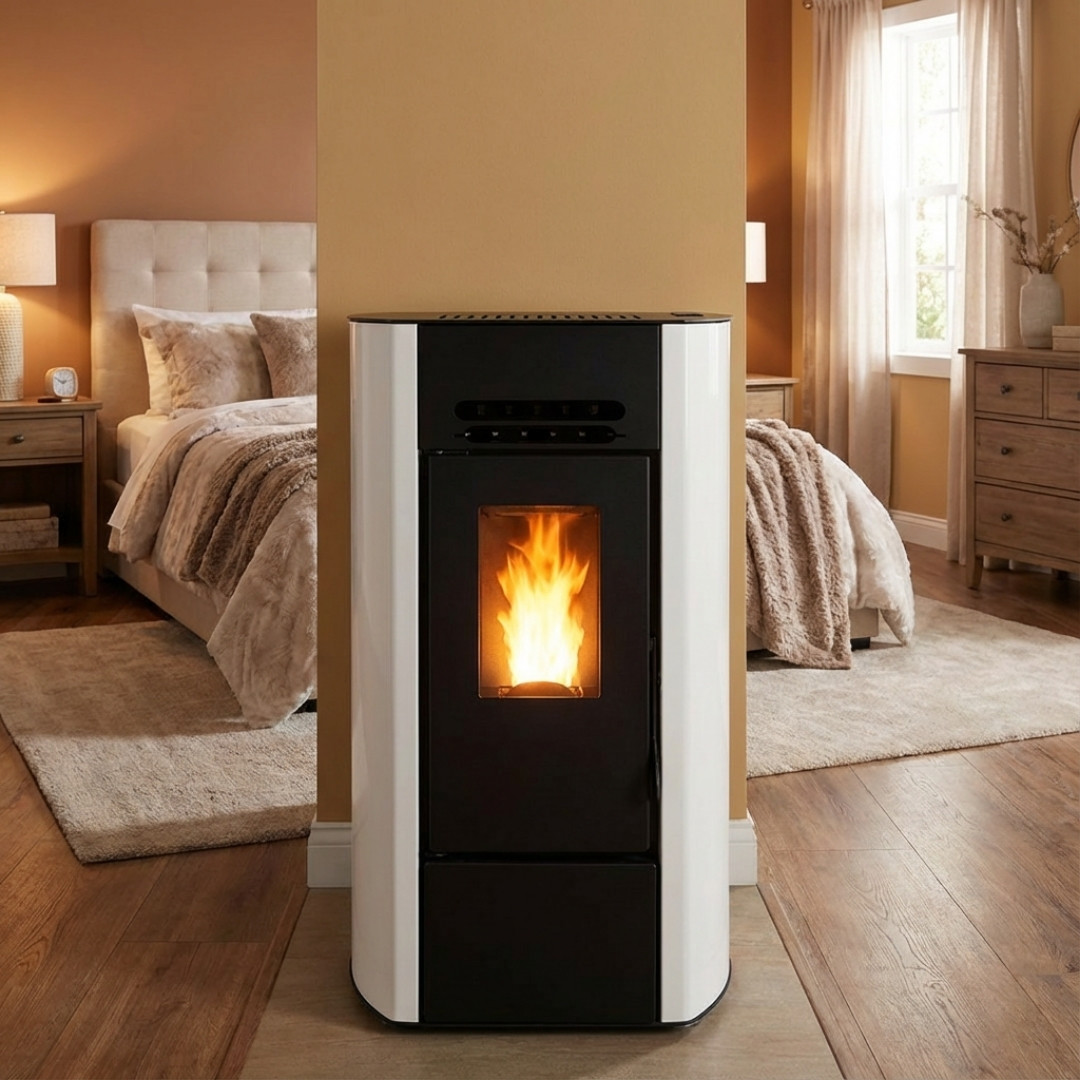 Poêle à granulés compact 9 kW Linea VZ Ring blanc et noir installé dans une chambre cosy
