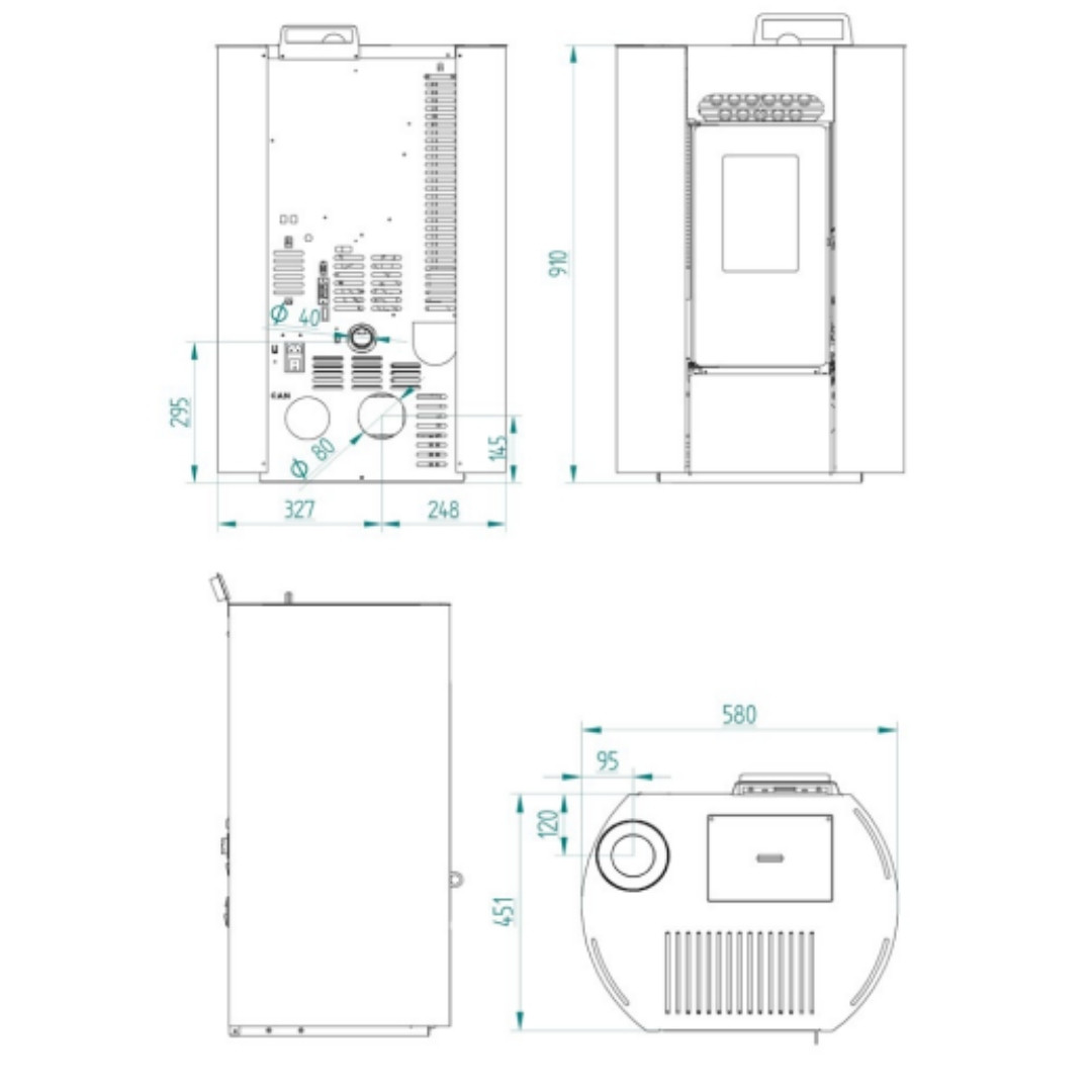Plan technique et dimensions du poêle à granulés Linea VZ Ring 9 kW format compact