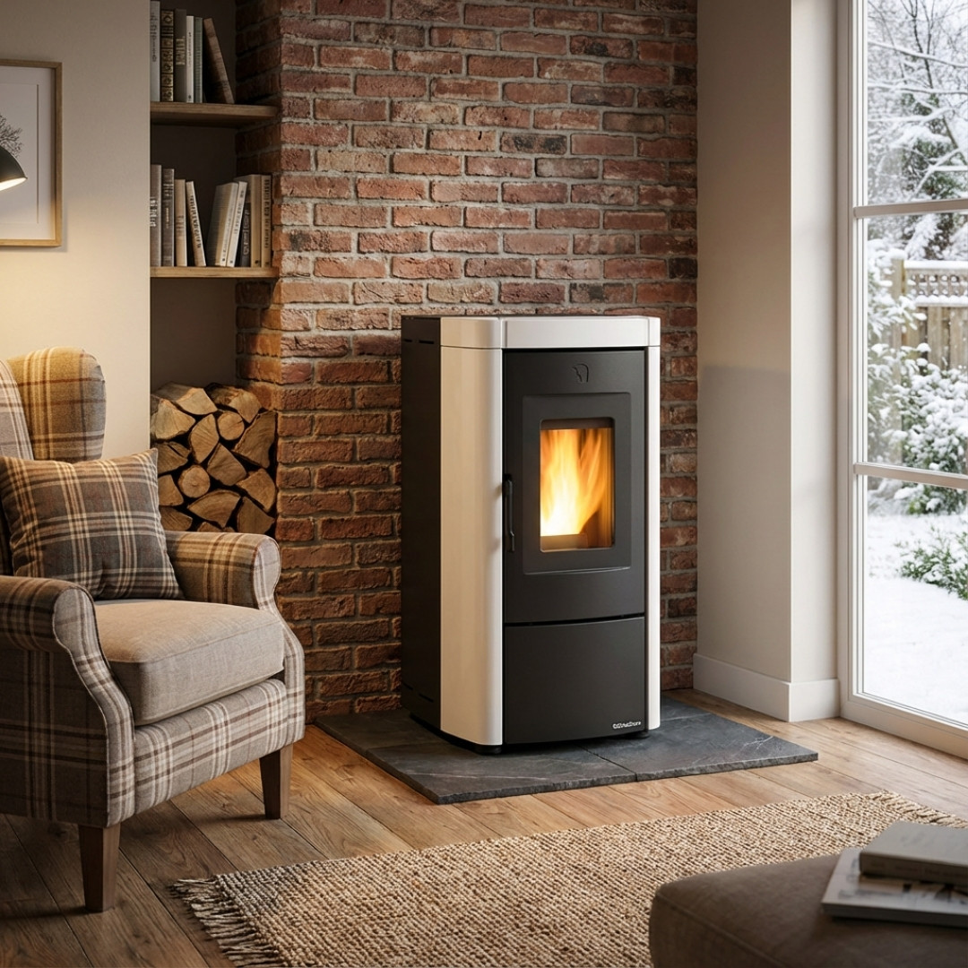 Poêle à granulés Moira EVO 7 kW blanc et anthracite allumé dans un salon moderne avec mur en briques