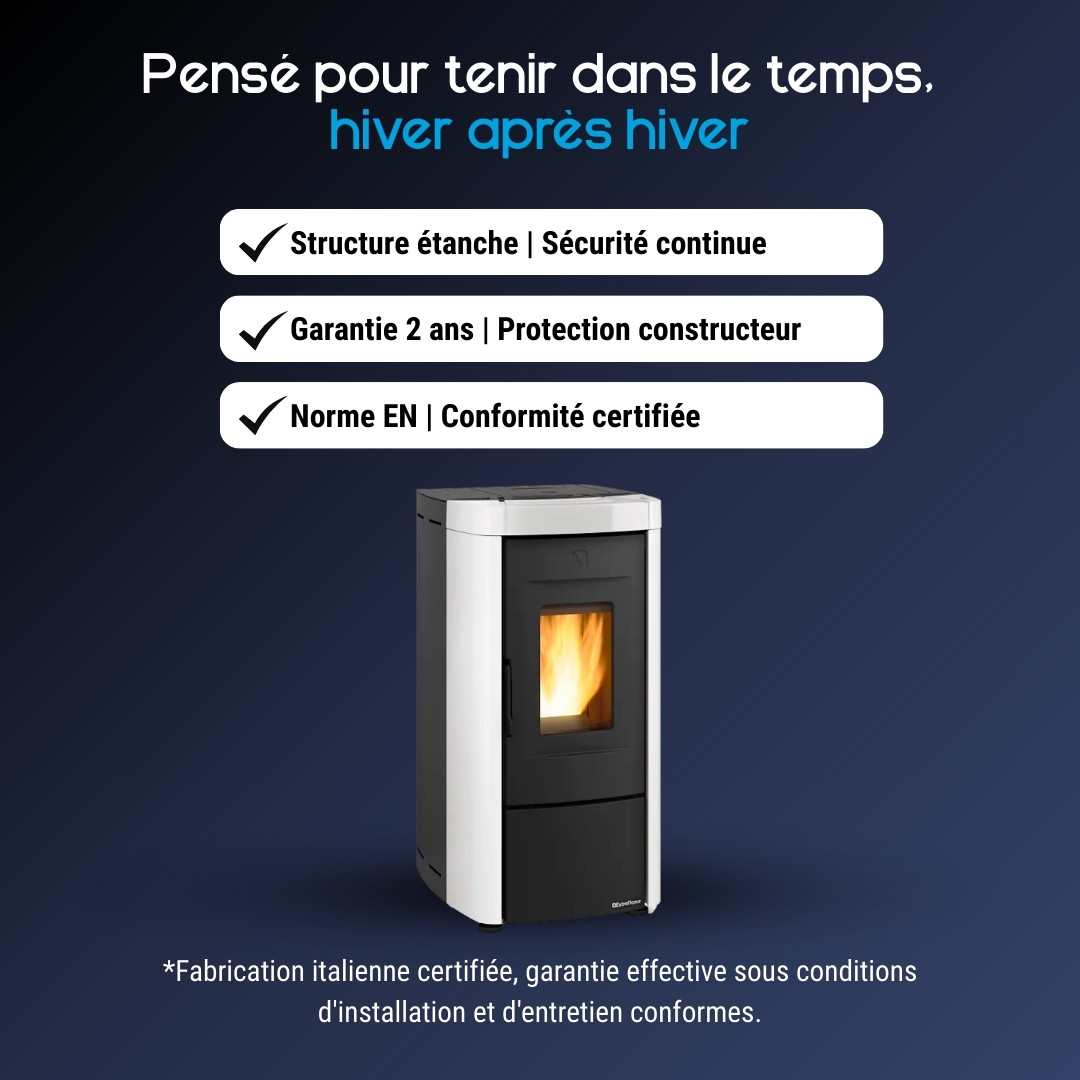 Poêle à granulés Moira EVO 7 kW blanc et anthracite avec garantie 2 ans et certification norme EN