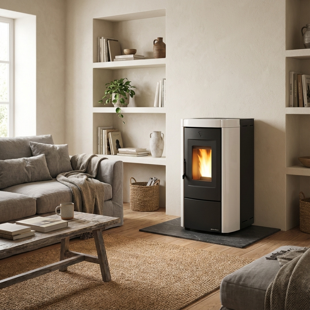 Poêle à granulés Moira EVO 7 kW design blanc et noir installé dans un salon moderne