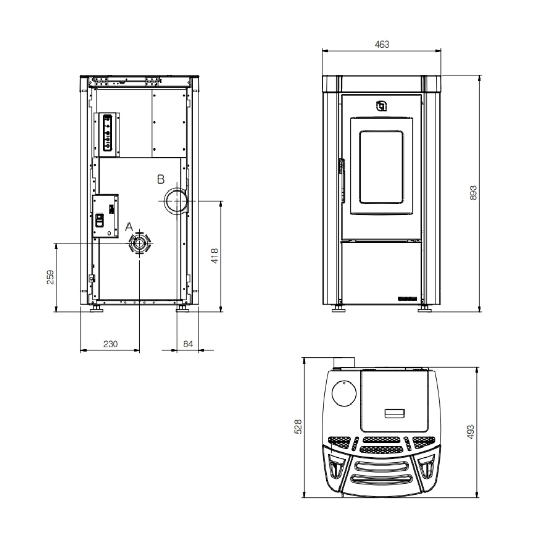 Plan technique et dimensions du poêle à granulés Moira EVO 7 kW avec vues face, arrière et dessus