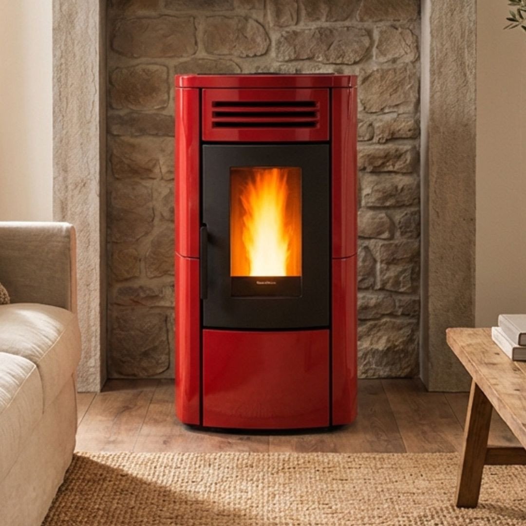 Poêle à granulés Terry Plus rouge 12 kW avec habillage acier et vitre panoramique en situation dans salon