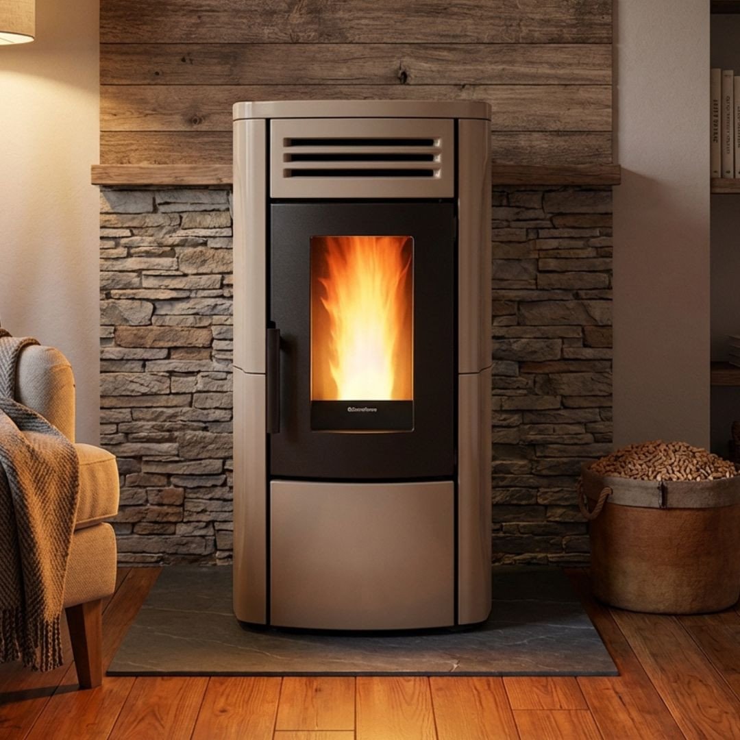 Poêle à granulés Terry Plus 12 kW beige et noir avec flamme allumée installé dans salon chaleureux