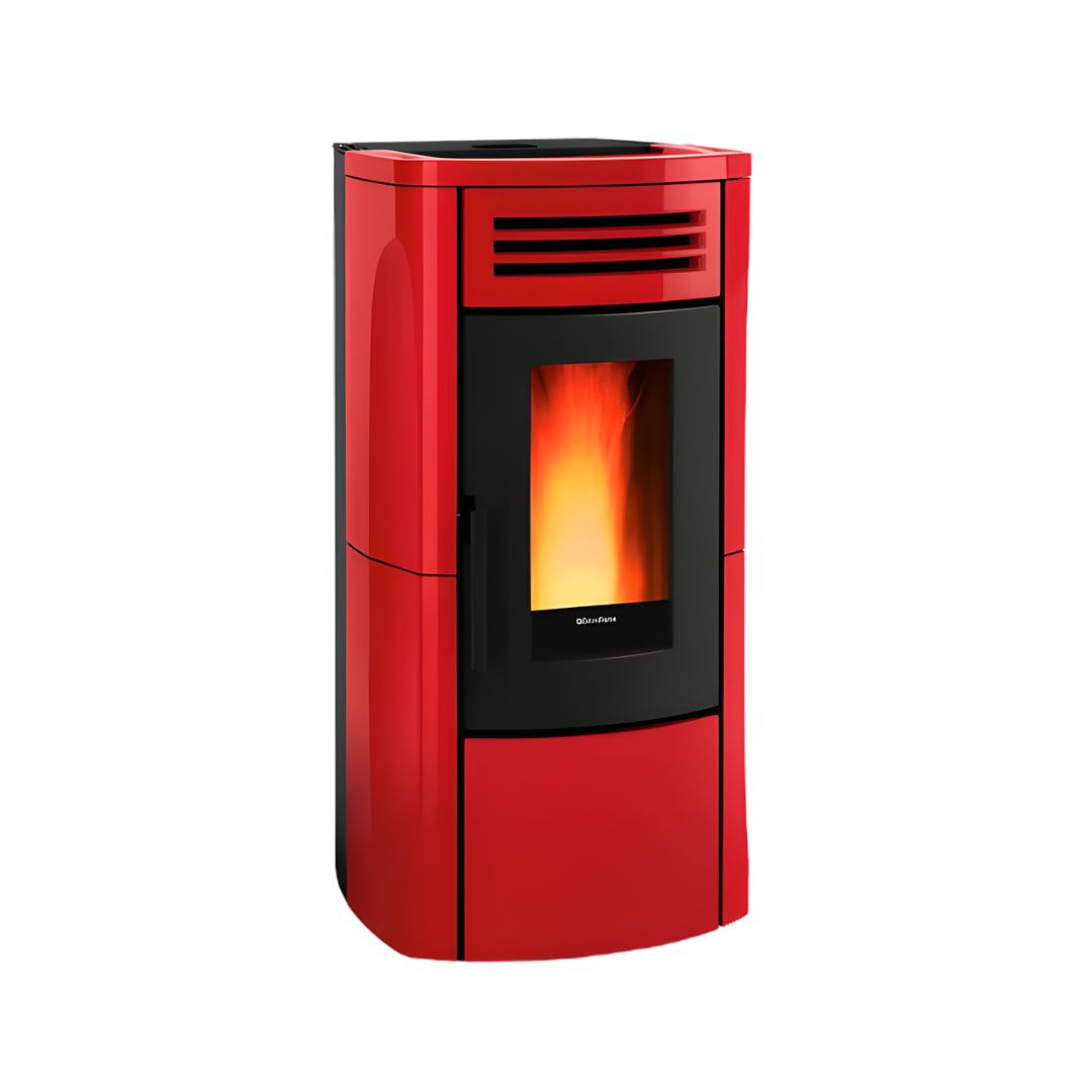 Poêle à granulés Terry Plus 12 kW en acier rouge avec vitre et grilles de ventilation