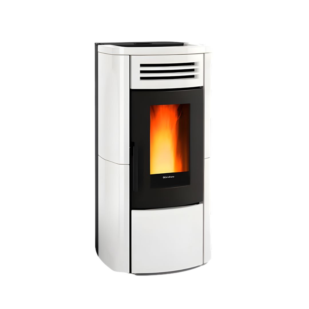 Poêle à granulés Terry Plus 12 kW blanc avec foyer allumé et design moderne épuré