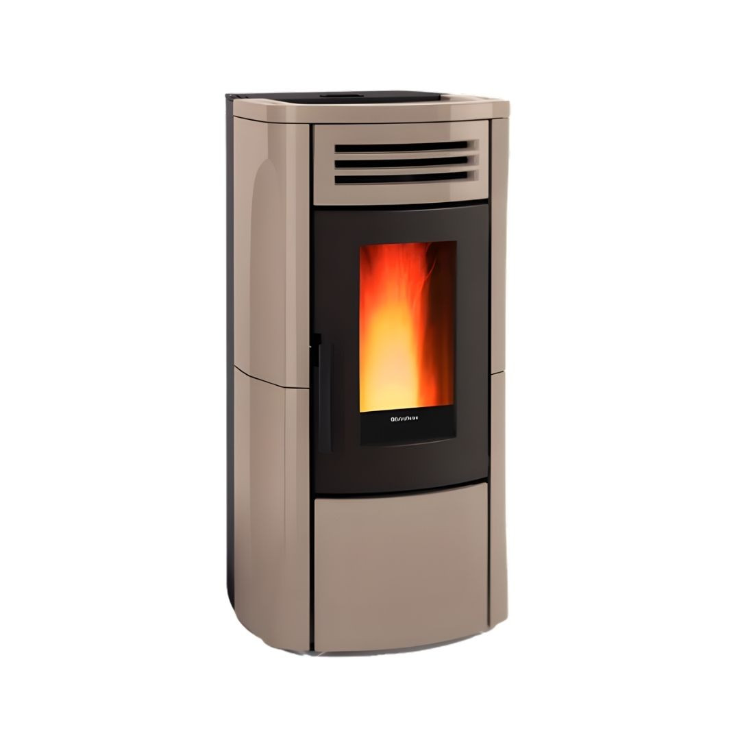 Poêle à granulés Terry Plus 12 kW avec habillage beige et noir, vitre panoramique et grilles de ventilation