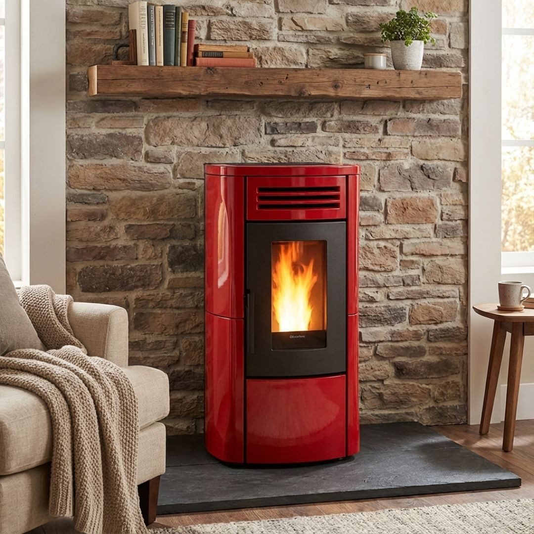 Poêle à granulés Terry Plus 12 kW rouge bordeaux installé devant cheminée en pierre avec flammes allumées