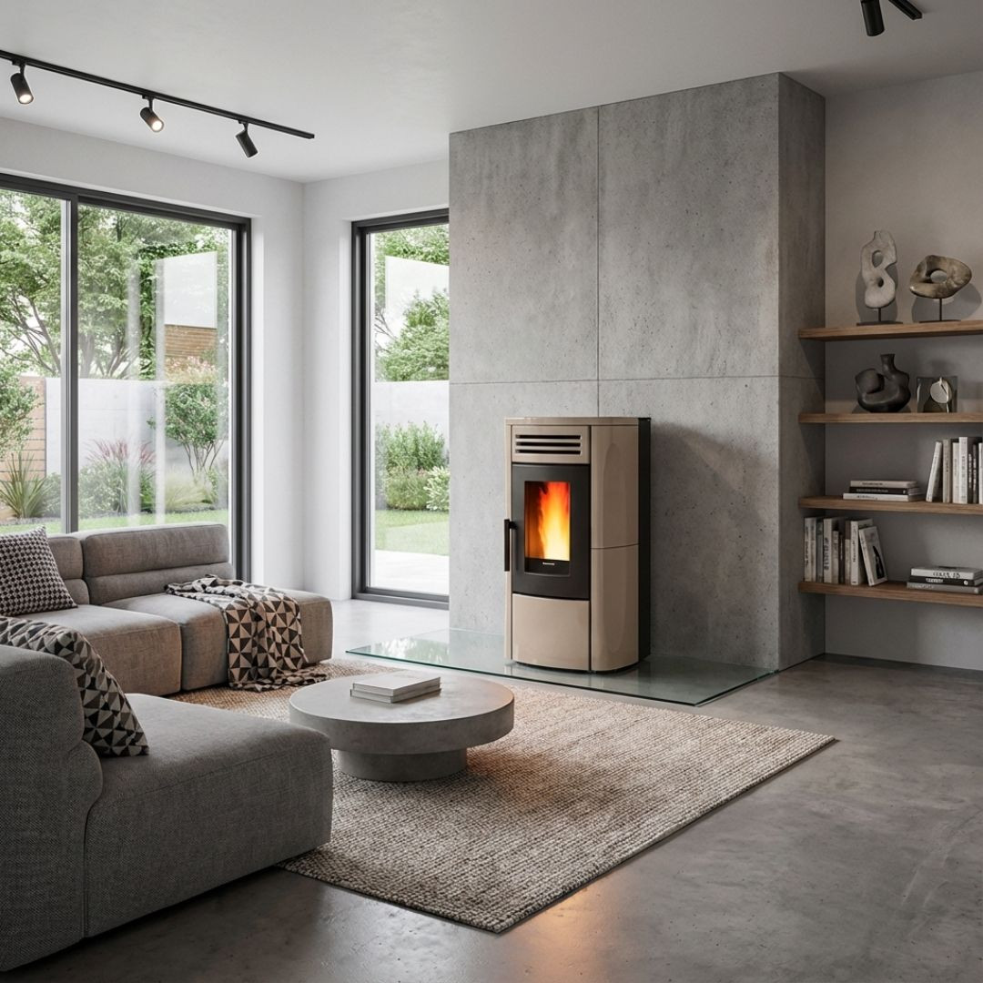 Poêle à granulés Terry Plus beige en situation dans un salon moderne avec flamme allumée