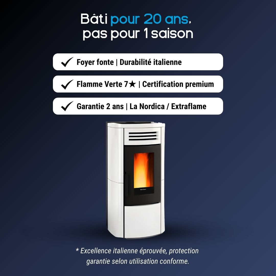 Poêle à granulés Terry Plus blanc 12 kW avec certification Flamme Verte 7 étoiles et foyer en fonte