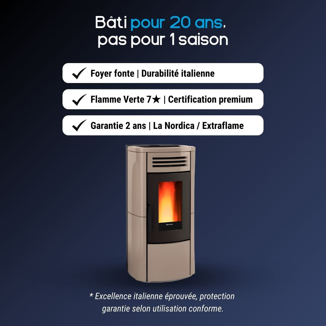 Poêle à granulés Terry Plus beige avec flamme, certification Flamme Verte 7 étoiles et garantie 2 ans