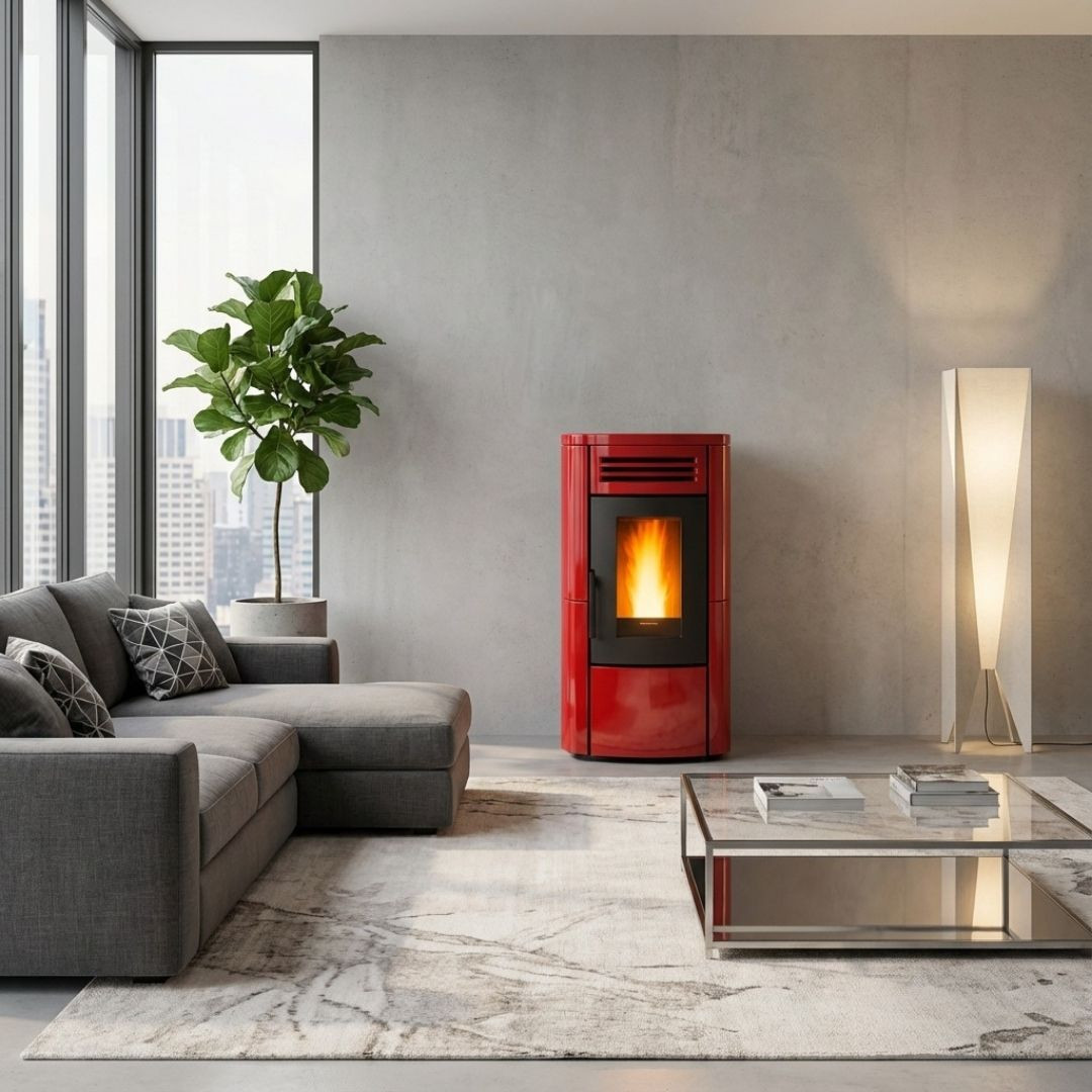 Poêle à granulés Terry Plus rouge 12 kW installé dans un salon moderne avec flamme allumée