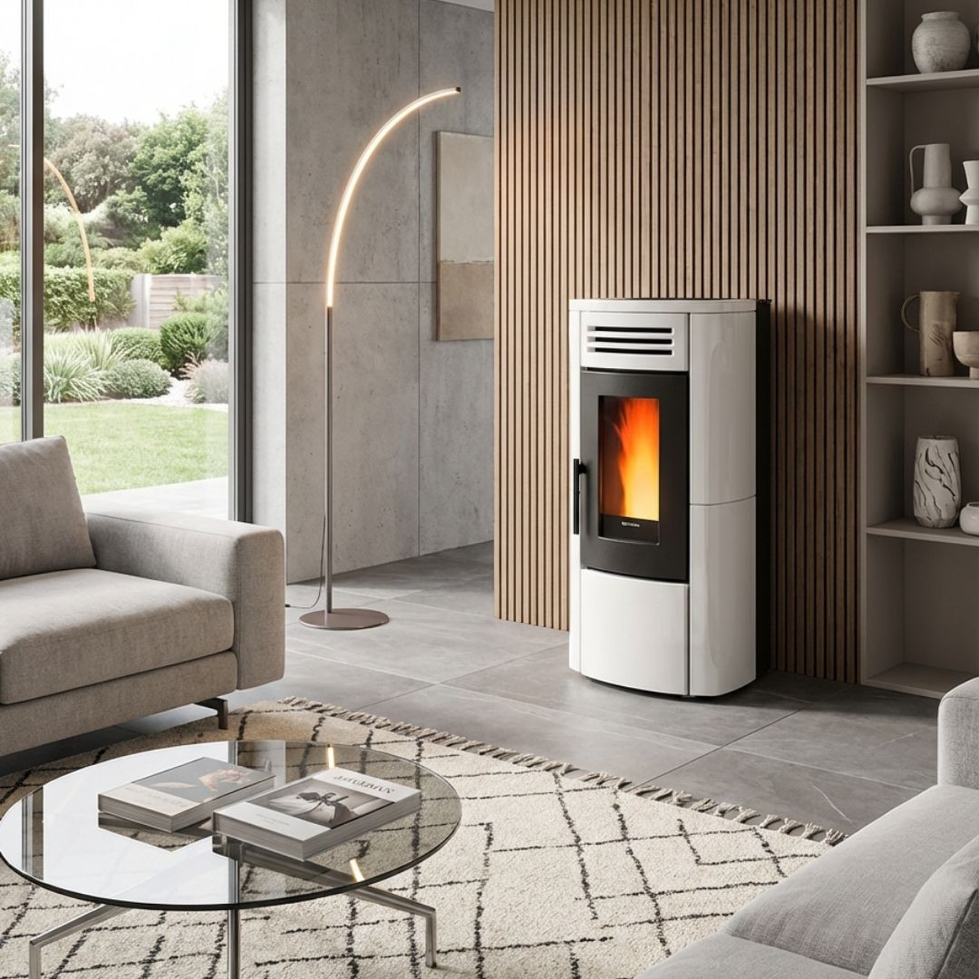 Poêle à granulés Terry Plus 12 kW blanc installé dans un salon moderne avec vue sur jardin