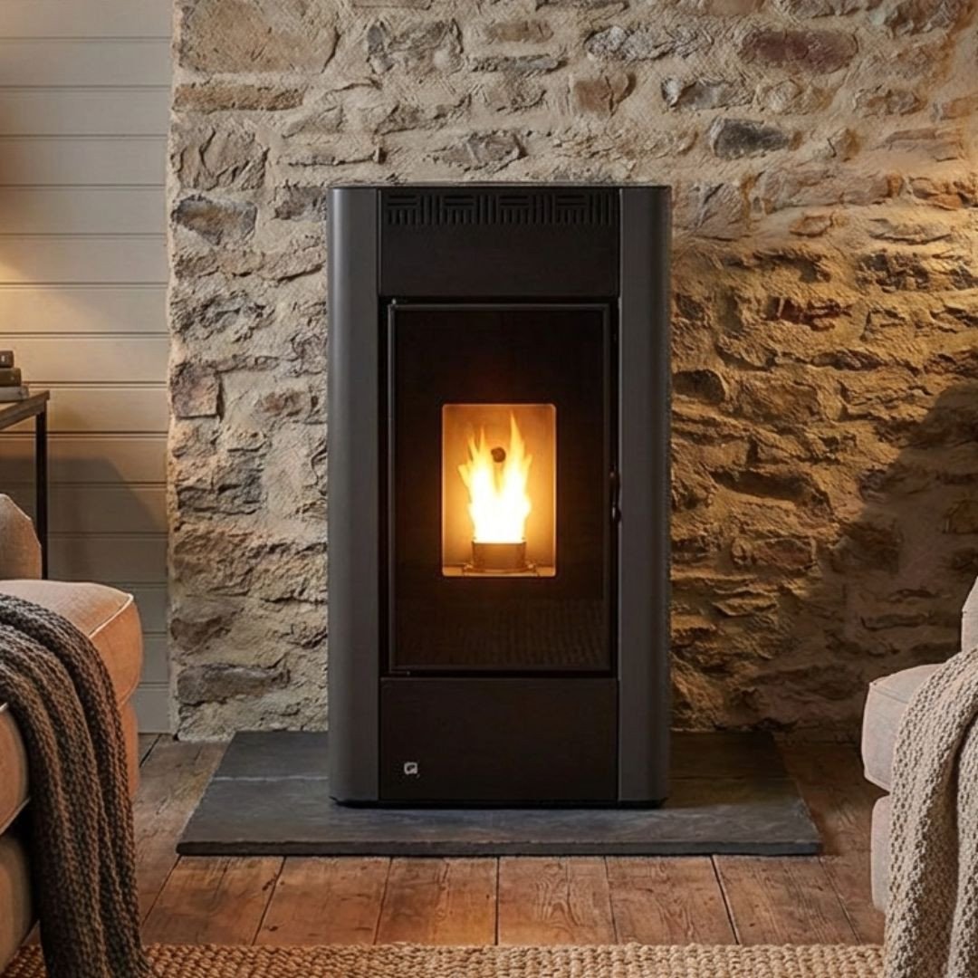Poêle à granulés Maria 2.0 noir design 9 kW en situation dans salon avec mur en pierre