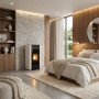 Poêle à granulés blanc Maria 2.0 de 9 kW installé dans une chambre contemporaine avec mur en pierre