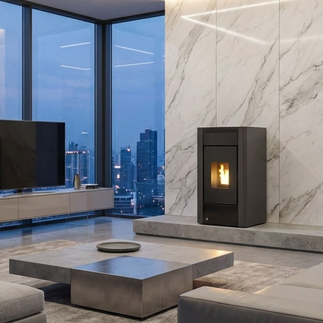 Poêle à granulés Maria 2.0 noir 9 kW en situation dans un salon contemporain avec vue urbaine