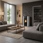 Poêle à granulés Maria 2.0 blanc et noir installé dans un salon moderne avec mur en pierre