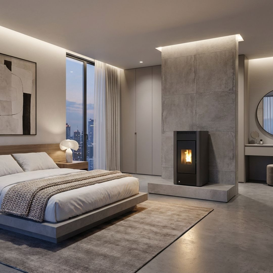 Poêle à granulés noir Maria 2.0 9 kW installé dans une chambre moderne avec mur en béton