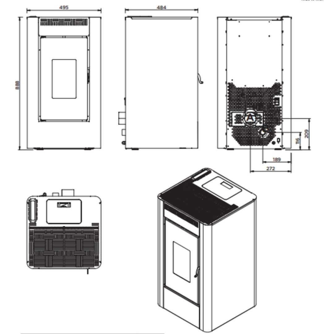 Plan technique et dimensions du poêle à granulés Maria 2.0 9 kW avec vues multiples