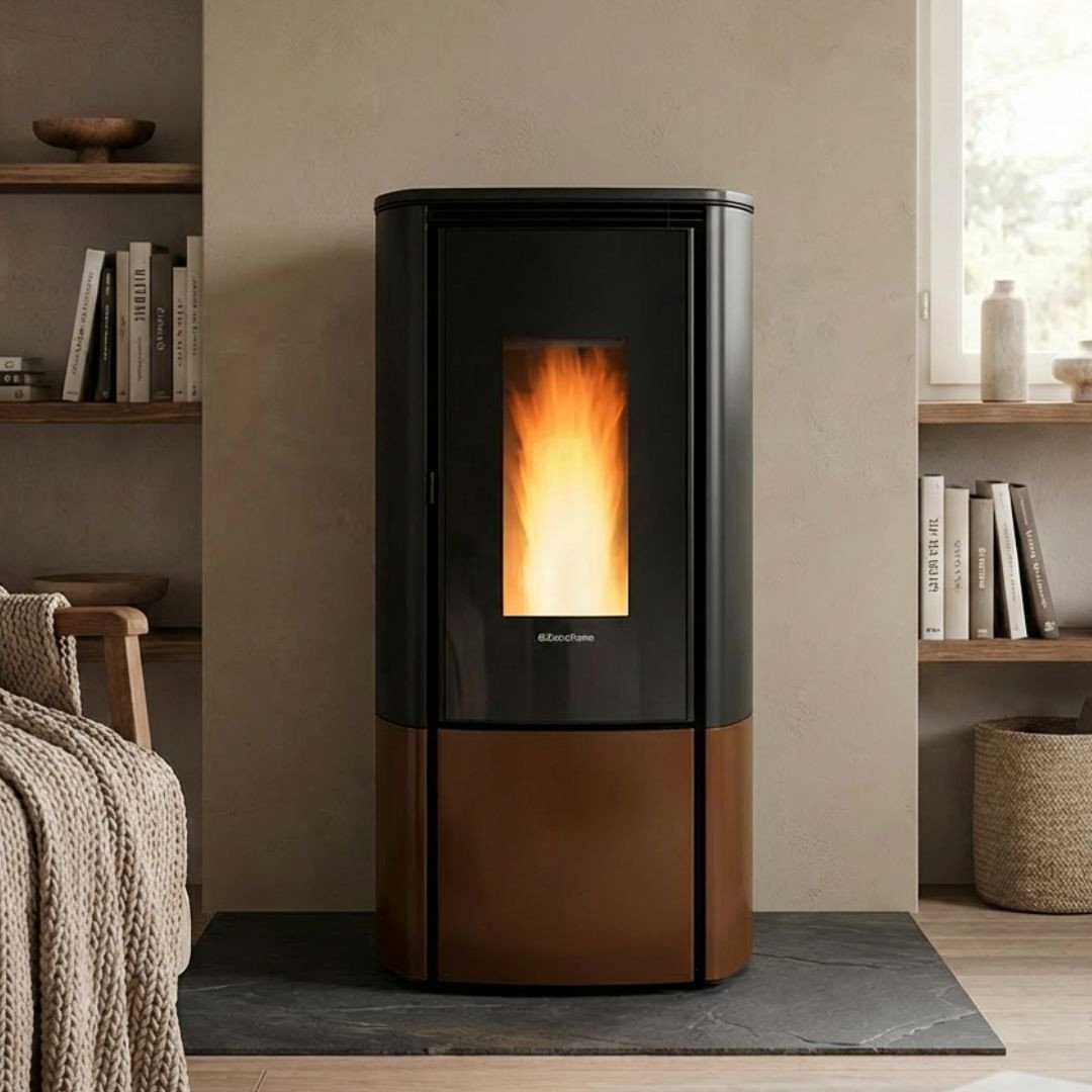 Poêle à granulés étanche Katia 11 kW noir et bois allumé dans salon contemporain