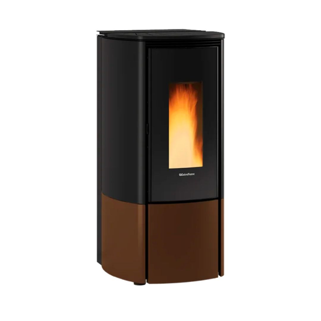 Poêle à granulés Katia noir et marron avec vitre panoramique, puissance 11 kW, design moderne et épuré
