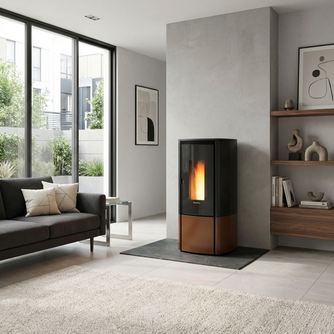 Poêle à granulés Katia noir et cuivre 11 kW installé dans un salon contemporain avec flamme allumée