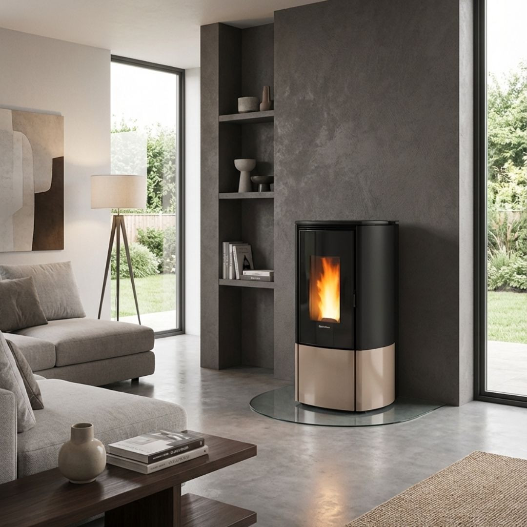 Poêle à granulés étanche Katia 11 kW noir et champagne allumé dans un salon moderne