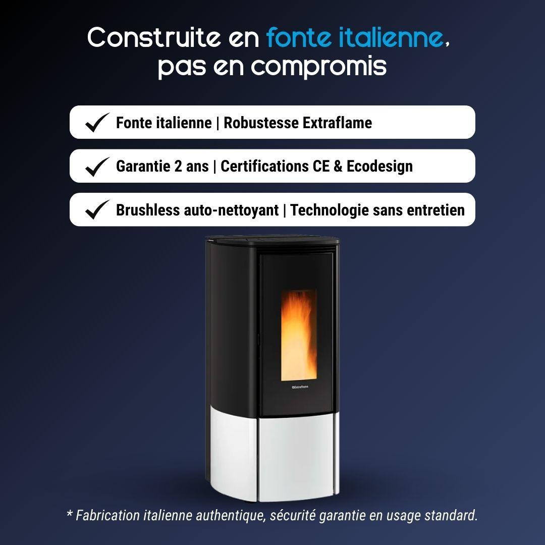 Poêle à granulés Katia 11 kW design bicolore noir et blanc avec fonte italienne et système brushless