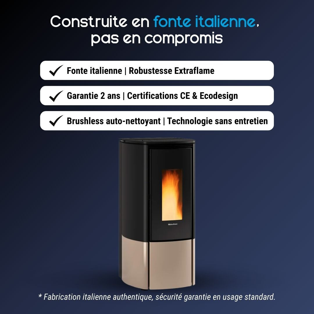 Poêle à granulés Katia 11 kW étanche noir et beige avec fonte italienne et système brushless auto-nettoyant