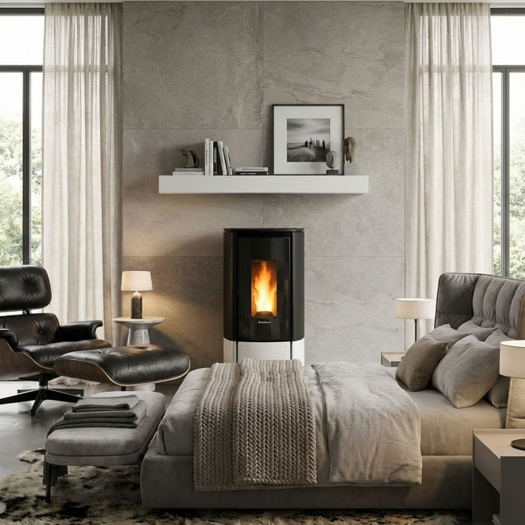 Poêle à granulés Katia noir 11 kW allumé dans un salon moderne avec cheminée décorative