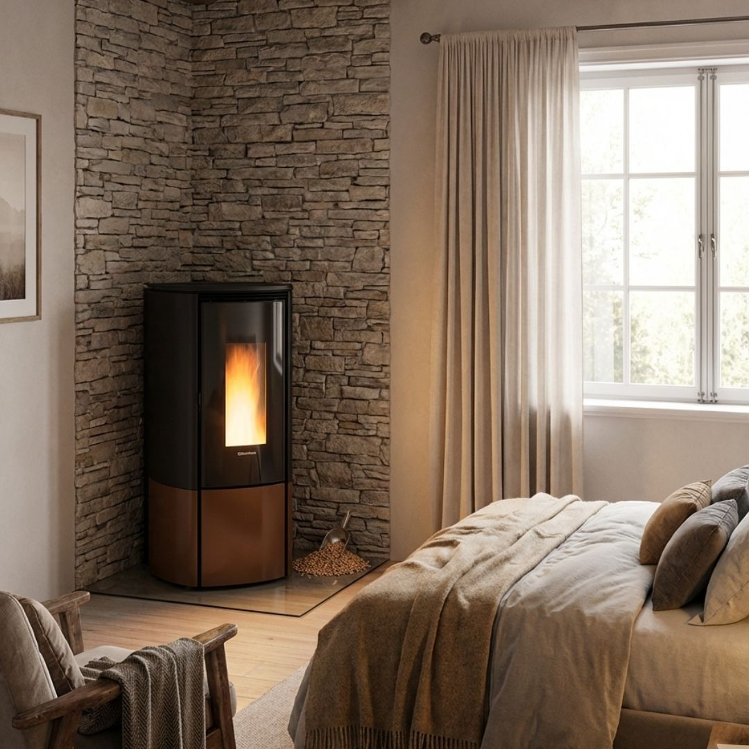 Poêle à granulés Katia noir et bronze de 11 kW installé dans une chambre avec mur en pierre
