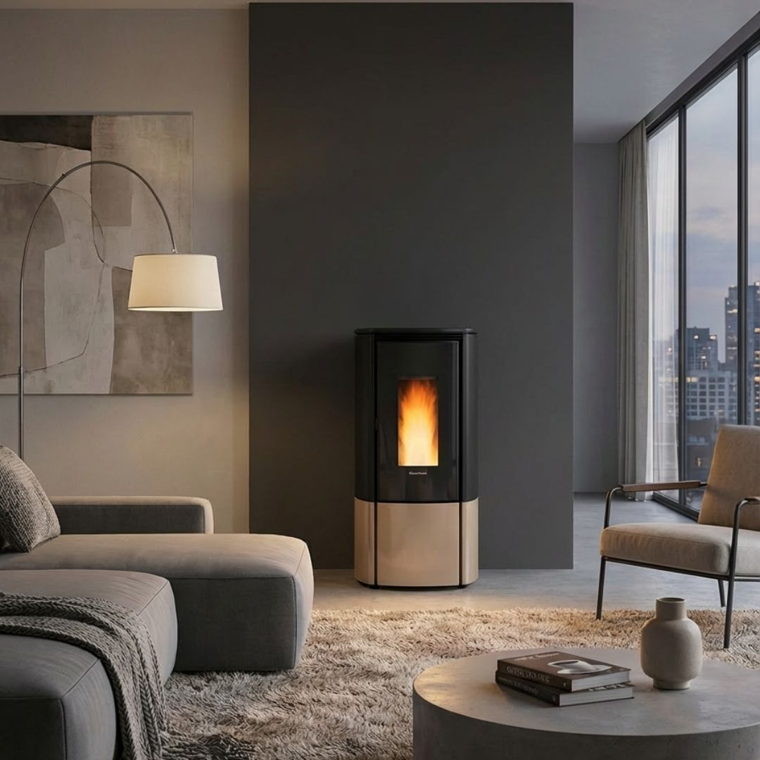 Poêle à granulés Katia 11 kW étanche noir et beige installé dans un salon contemporain