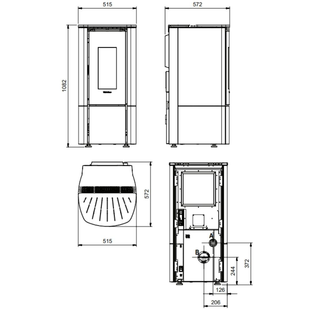 Plan technique et dimensions du poêle à granulés étanche Katia 11 kW avec vues face, profil et dessus