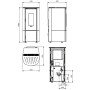 Plan technique et dimensions du poêle à granulés étanche Katia 11 kW avec vues face, profil et dessus