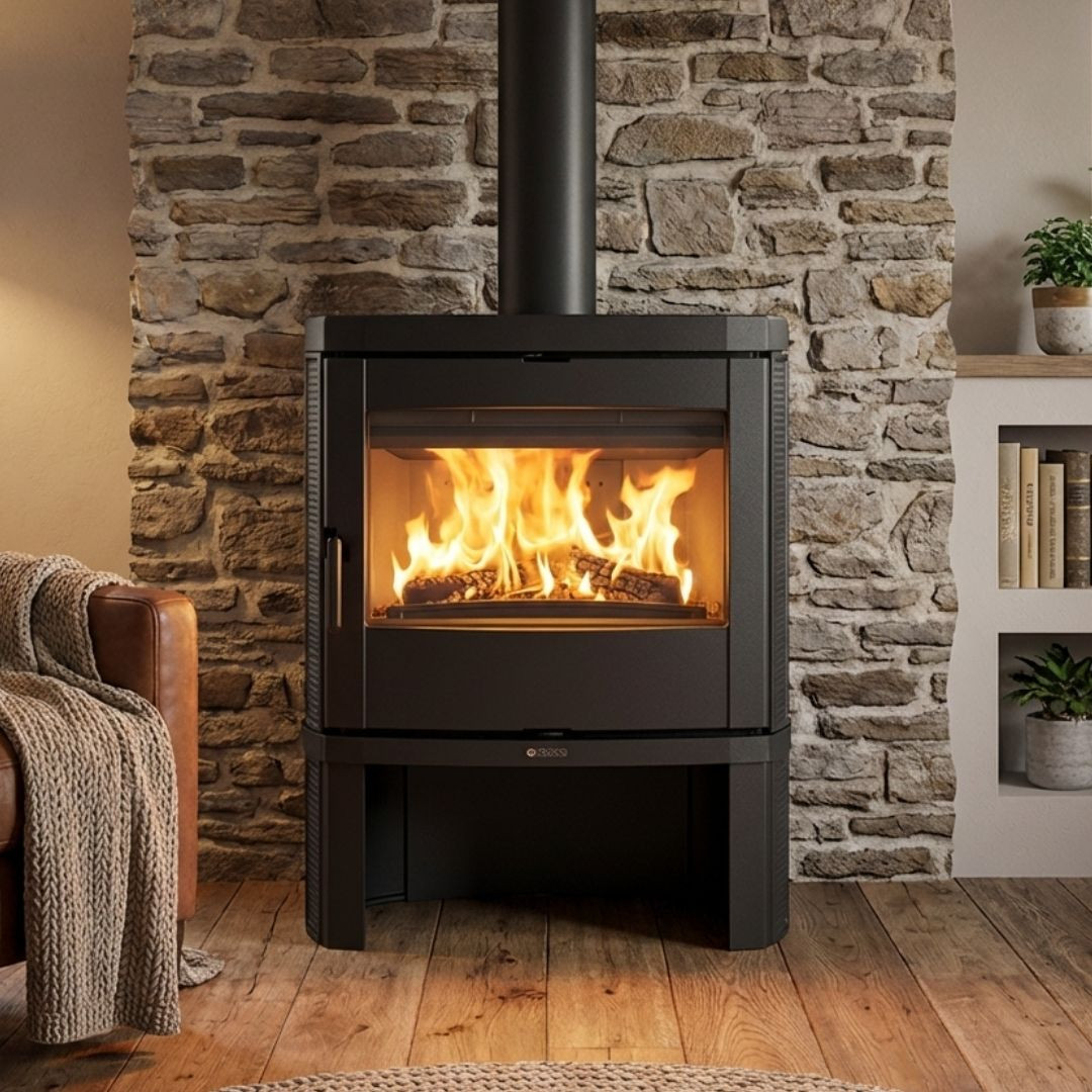 Poêle à bois Nordica Jennifer 2.0 noir en acier avec foyer allumé et vitre panoramique dans salon moderne