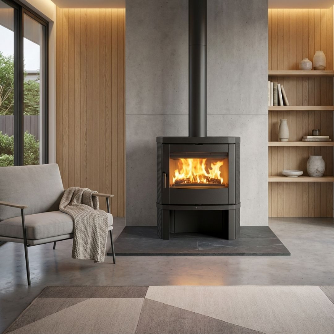 Poêle à bois Nordica Jennifer 2.0 noir installé dans salon moderne avec feu allumé
