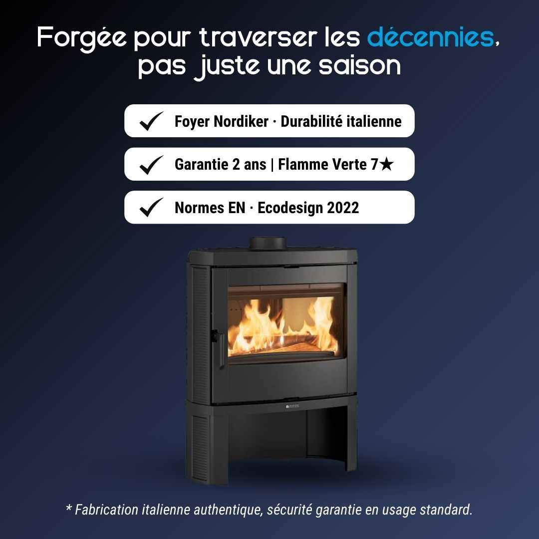 Poêle à bois Nordica Jennifer 2.0 anthracite avec foyer Nordiker, garantie Flamme Verte 7 étoiles