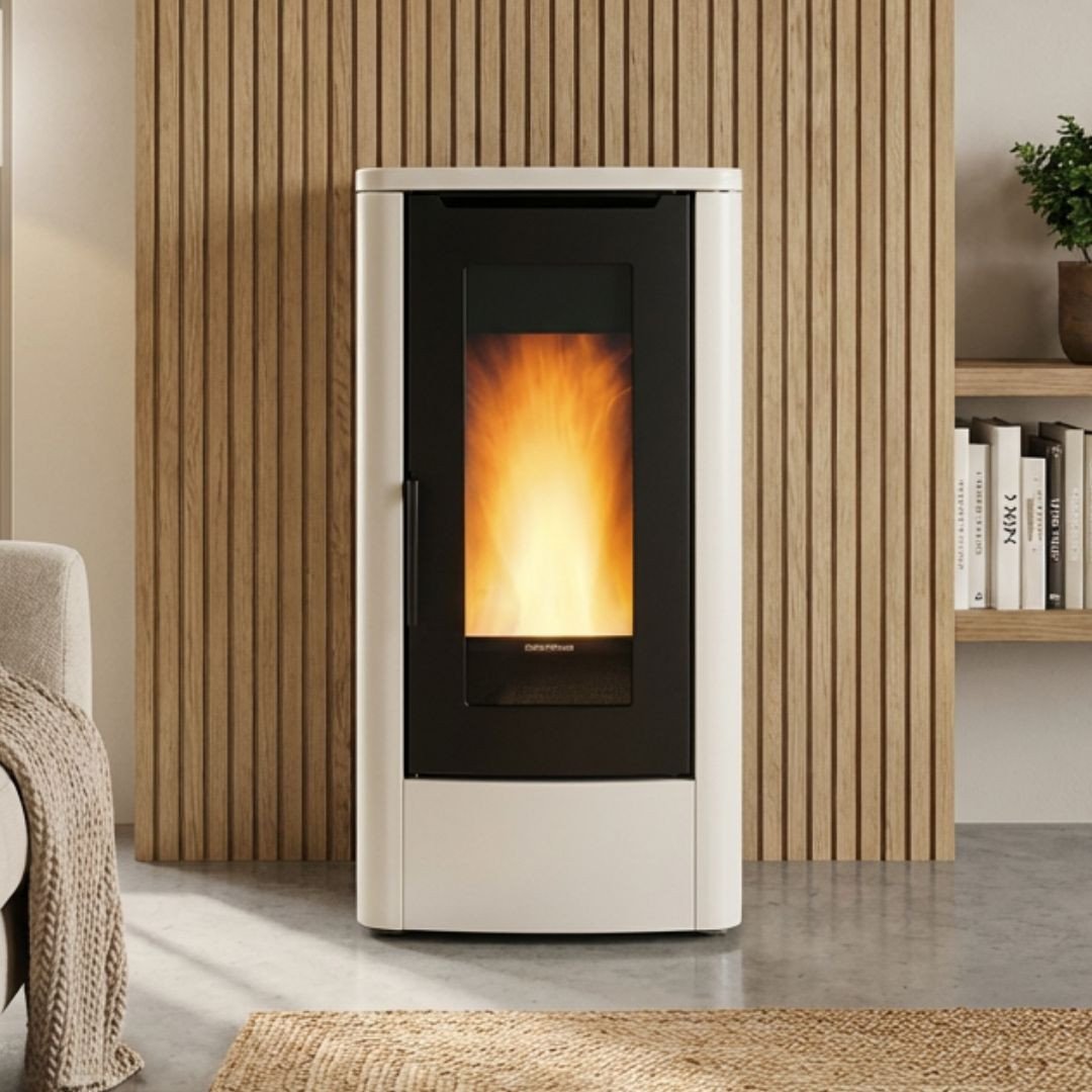Poêle à granulés Extraflame Teorema Plus blanc et noir 12 kW installé dans un salon moderne