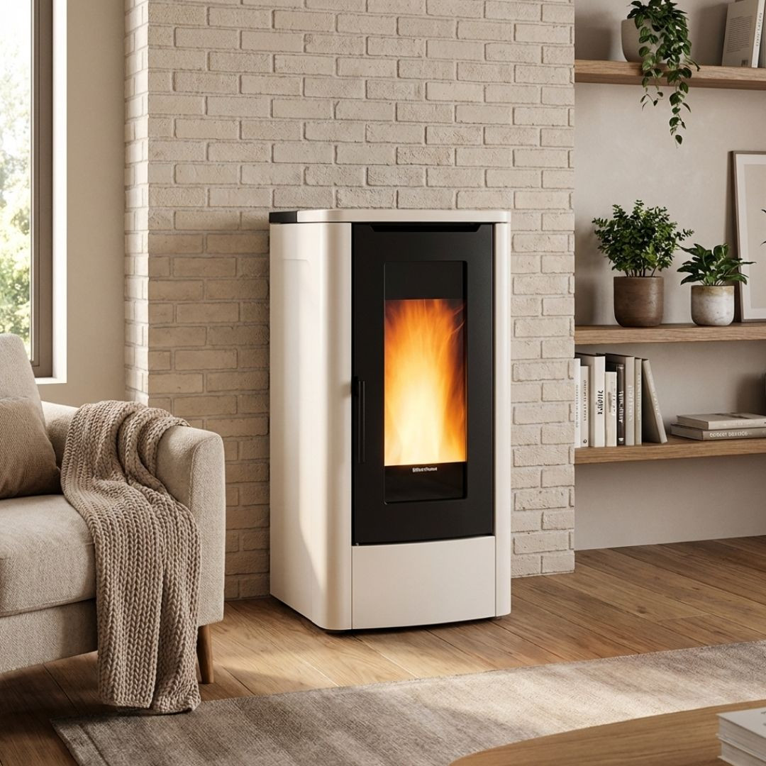 Poêle à granulés Extraflame Teorema Plus blanc et noir 12 kW en situation dans un salon moderne