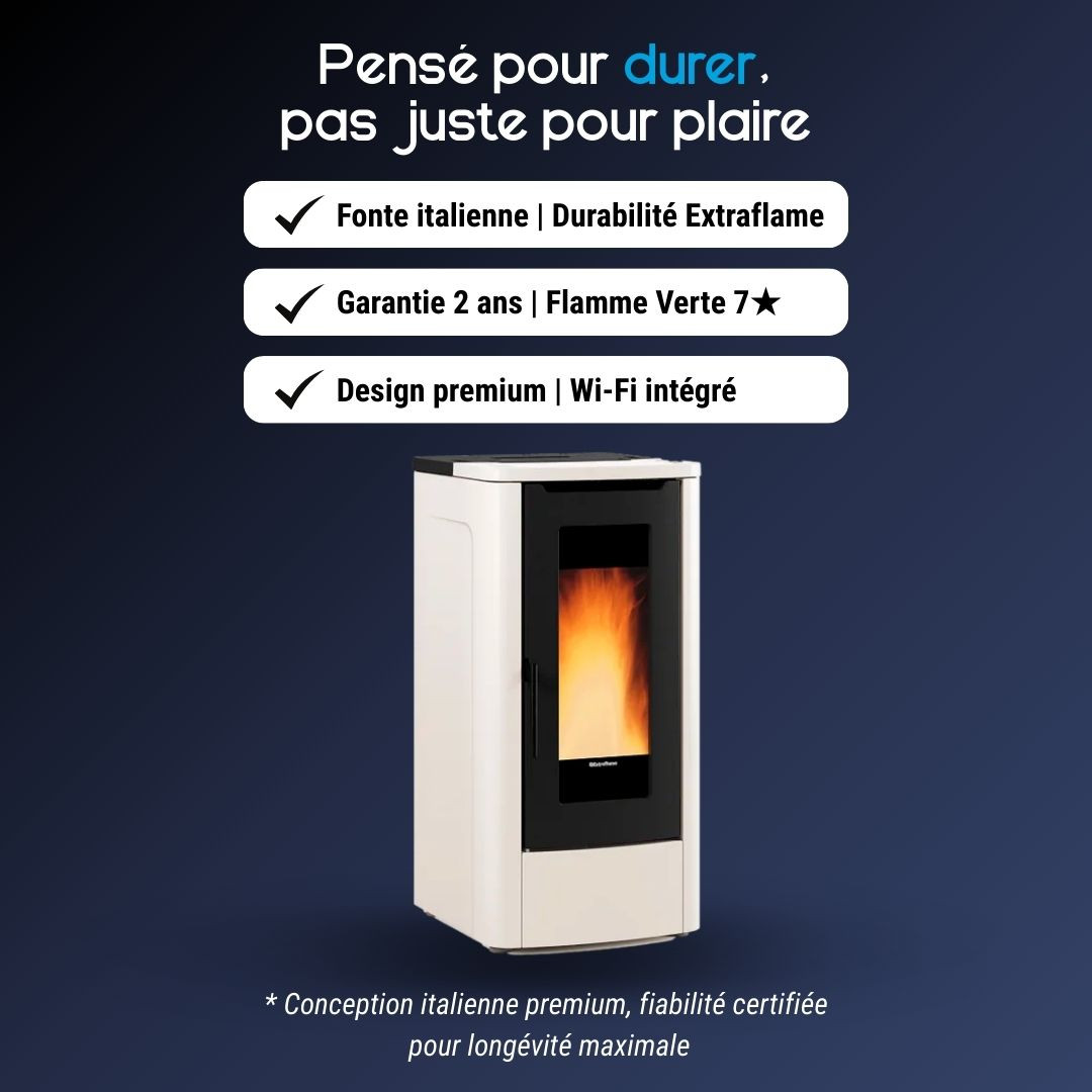 Poêle à granulés Extraflame Teorema Plus blanc avec flamme, design italien Wi-Fi intégré 12 kW