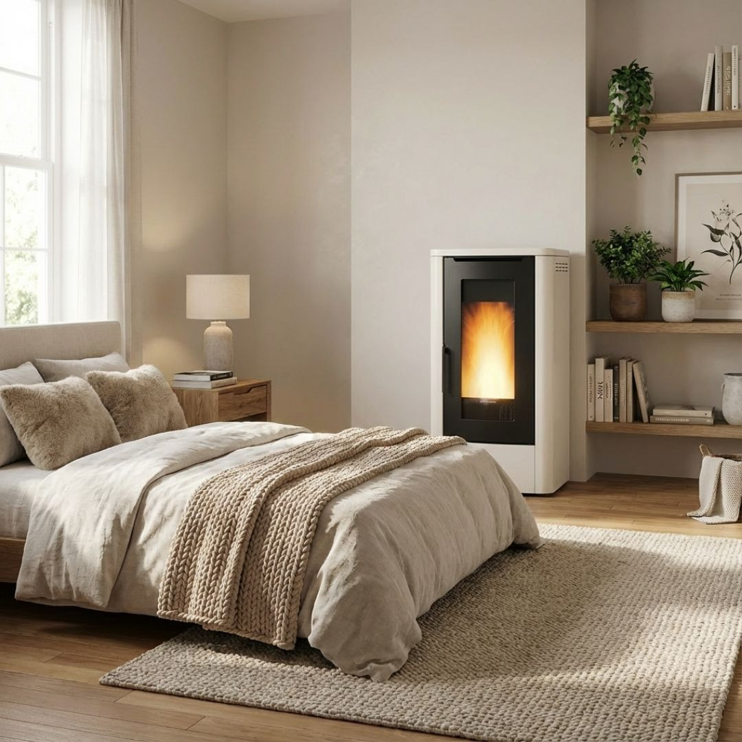 Poêle à granulés Extraflame Teorema Plus blanc 12 kW installé dans une chambre moderne