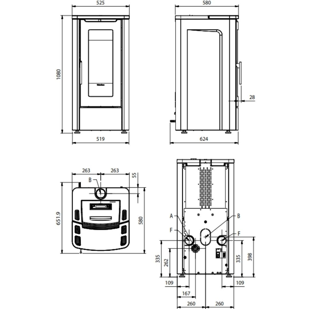 Plan technique et dimensions du poêle à granulés Extraflame Teorema Plus 5.0 de 12 kW